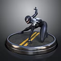 Dark Clad Character And Creature Kneeling On Round Platform With Yellow Dual Stripes Raising Arm