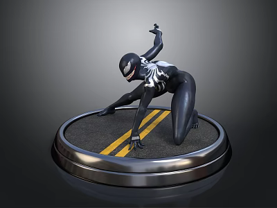 Dark Clad Character And Creature Kneeling On Round Platform With Yellow Dual Stripes Raising Arm 3d model