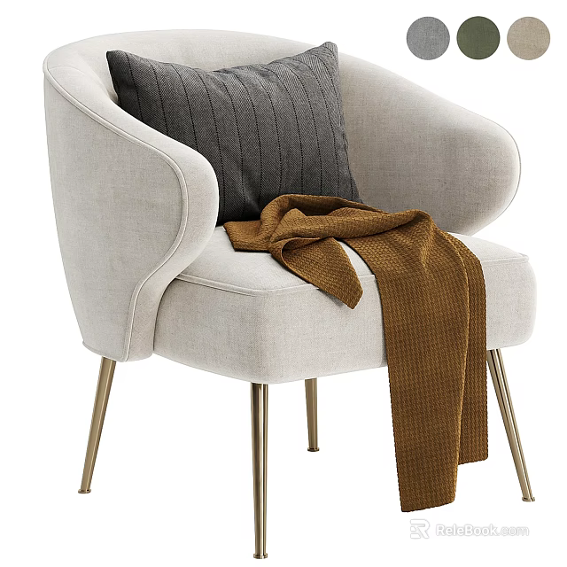 Light Beige Fabric Single Sofa With Curved Armrests Metal Legs Gray Pillow And Brown Blanket 3d model 