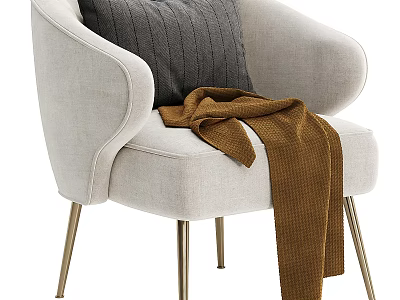 Light Beige Fabric Single Sofa With Curved Armrests Metal Legs Gray Pillow And Brown Blanket 3d model