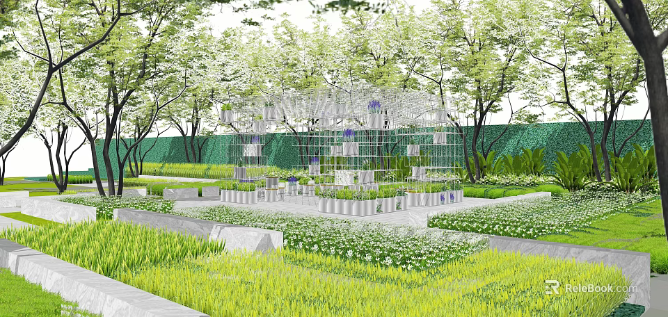 Modern Elegant Residential Landscape Design With Greenery Metal Frame Walkway And Lawn Path 3d model 