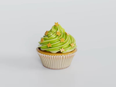 Colorful Cupcake With Green Frosting And Yellow Star Decorations On White Background 3d model