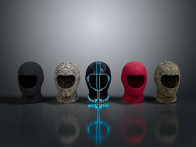 Different Style Balaclavas Collection With Black Camouflage Red And Blue Glowing Lines 3d model