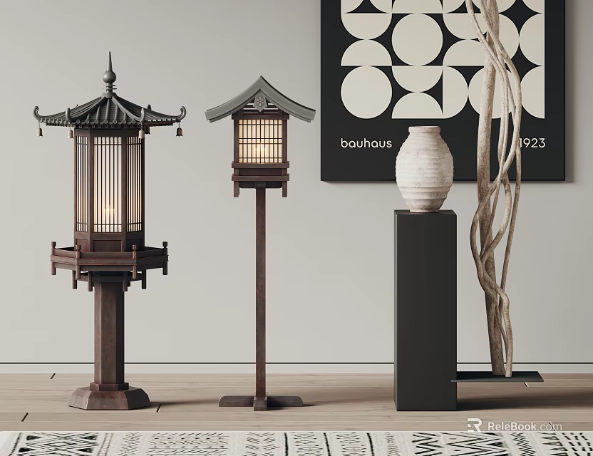 Traditional Japanese Style Wooden Outdoor Lamps With Pagoda Roof And Lattice Shade 3d model 