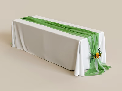 Decorated Long Table With White Tablecloth Green Ribbon And Yellow Flower 3d model