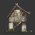 Traditional Thatch Roof House On Stone Pillars With Wooden Staircase And Green Grass
