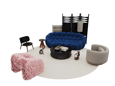 Blue Bubble Sofa and Black Round Coffee Table Set with Pink Fluffy Rug Beige Armchair and Floor Lamp 3d model