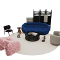 Blue Bubble Sofa and Black Round Coffee Table Set with Pink Fluffy Rug Beige Armchair and Floor Lamp