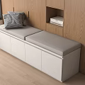 Modern Storage Bench With Gray Cushion Plaid Pillow And Wooden Wall Shelf