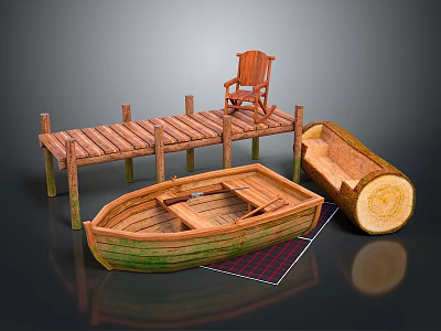 Wooden Boat Near Wooden Dock with Chair Log Plaid Blanket and Reflection 3d model