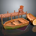 Wooden Boat Near Wooden Dock with Chair Log Plaid Blanket and Reflection