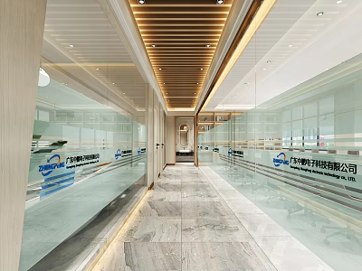 Modern Office Corridor With Glass Partitions Company Logos And Marble Flooring 3d model