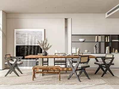 Modern Restaurant Interior With Wooden Dining Table Chairs And Decorative Painting 3d model