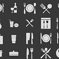 Set of Kitchen Utensils and Dinnerware Icons Including Cutlery Plates and Glasses