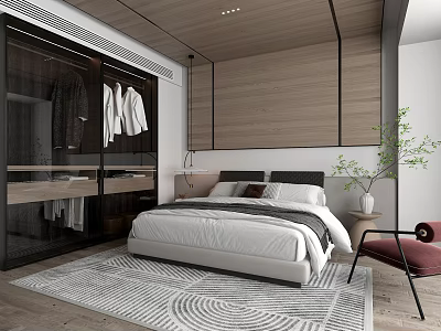 Modern Hotel Guest Room With Large Bed Wooden Accent Wall Glass Door Wardrobe And Geometric Rug 3d model