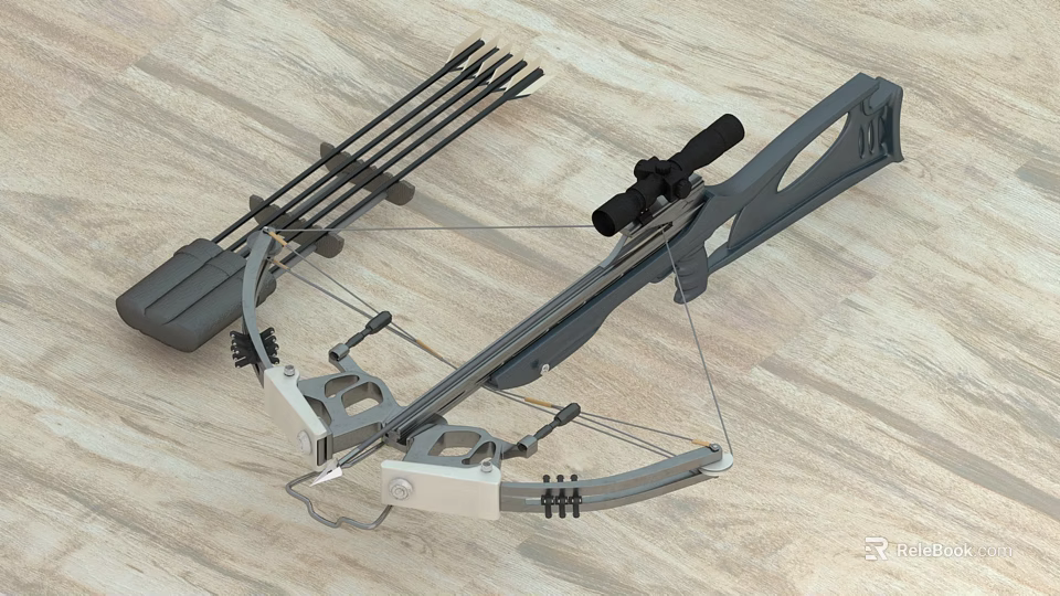 Modern Crossbow Weapon With Telescopic Sight And Arrows On Wooden Surface 3d model 