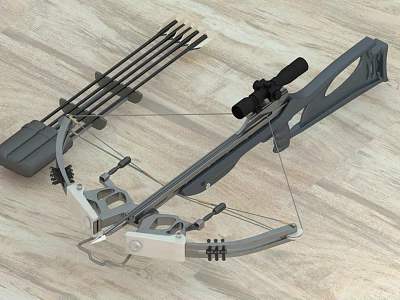 Modern Crossbow Weapon With Telescopic Sight And Arrows On Wooden Surface 3d model