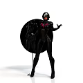 Woman In Black Tight Fitting Bodysuit With Helmet Holding Black Shield In Dynamic Action Pose