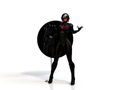 Woman In Black Tight Fitting Bodysuit With Helmet Holding Black Shield In Dynamic Action Pose 3d model