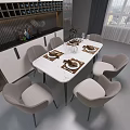 Modern Dining Table Set with Gray Upholstered Chairs Marble Top and Tableware Decor 3d model