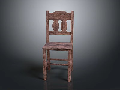 Traditional Wooden Chair With Carved Backrest Circular Patterns Solid Seat And Sturdy Legs 3d model