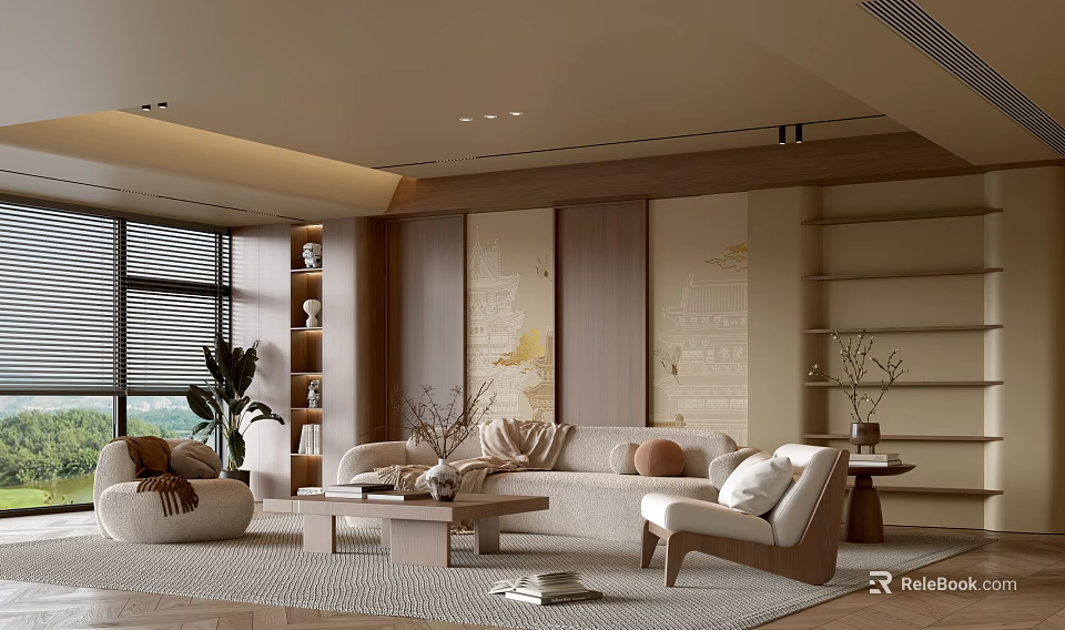 Warm Toned Living Room Interior With Sofa Armchair Coffee Table Wooden Bookshelves And Decorative Art 3d model 