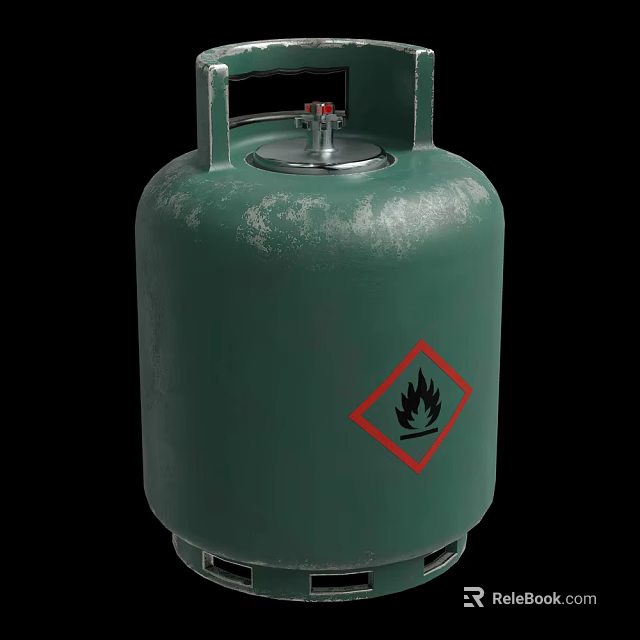 Green Industrial Gas Cylinder With Red Flame Symbol And Silver Valve 3d model 