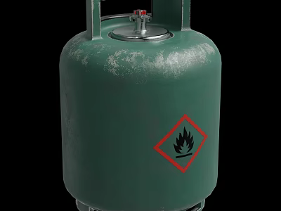 Green Industrial Gas Cylinder With Red Flame Symbol And Silver Valve 3d model