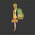 Cute Blonde Girl in Yellow Green Outfit With Patterned Backpack and Small Fox Plush