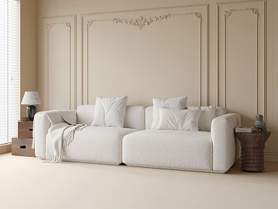 Modern Living Room With Beige Walls Decorative Moldings And White Sectional Sofa With Throw Pillows 3d model