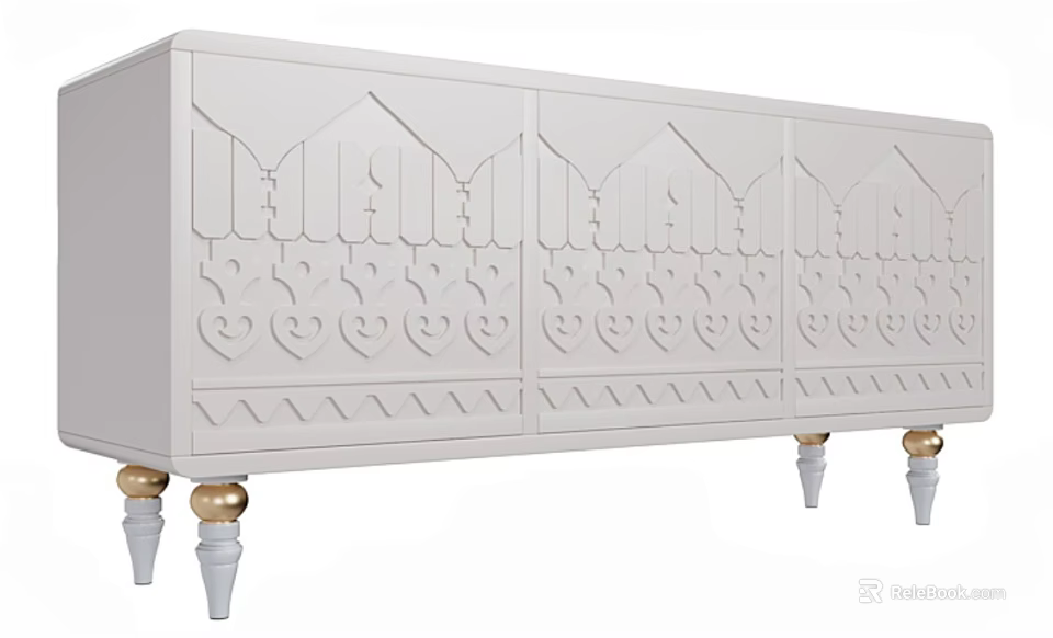 Elegant White Console Cabinet With Carved Patterns And Gold Accent Legs 3d model 