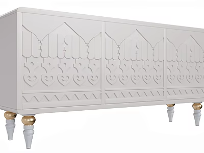 Elegant White Console Cabinet With Carved Patterns And Gold Accent Legs 3d model