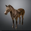 Realistic Brown Horse Statue Standing On Gray Background With Shiny Details