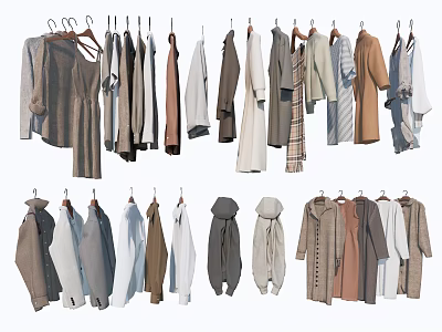 Various Stylish Clothes Hanging On Hangers With Coats Sweaters And Shirts 3d model