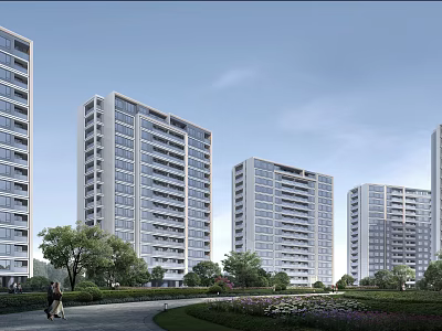 Modern High Rise Residential Buildings With Green Trees And Pedestrian Path 3d model