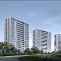 Modern High Rise Residential Buildings With Green Trees And Pedestrian Path