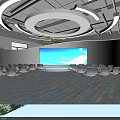 Modern Conference Room With Circular Pendant Lights Tiered Seating White Chairs And Blue Carpet