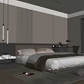 Modern Bedroom Interior With Striped Panel Wall Warm Lighting Cozy Bedding And Desk Plants