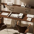Wooden Home Office Desk With Laptop Folders And Stationery Alongside Wooden Chairs And Wall Shelf