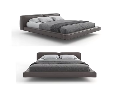 Modern Platform Double Bed With Dark Frame And Gray White Bedding 3d model