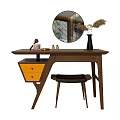 Modern Wooden Dressing Table With Yellow Drawers Round Mirror And Stool 3d model