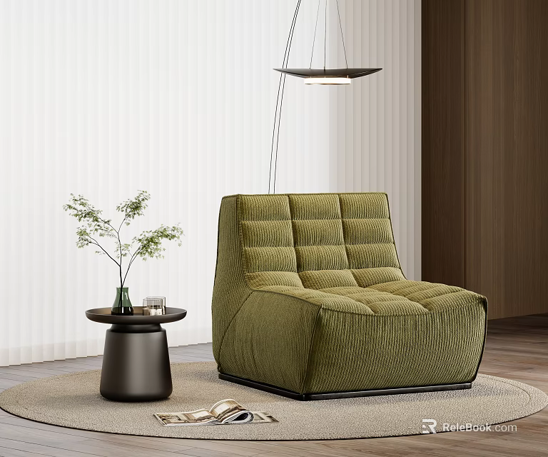 Green Velvet Modern Single Sofa With Small Round Table Green Plant And Wooden Floor 3d model 