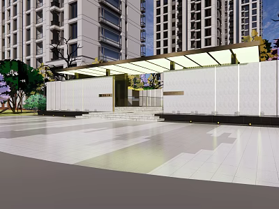 Modern Residential Entrance With Glass Canopy White Walls And High Rise Buildings 3d model