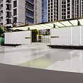 Modern Residential Entrance With Glass Canopy White Walls And High Rise Buildings