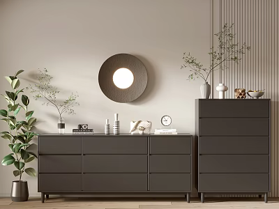 Modern Entryway Console Table And Side Cabinet With Round Mirror And Potted Plants 3d model