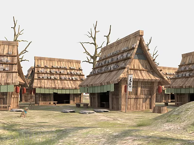Traditional Wooden Houses with Thatch Roofs and Red Lanterns Surrounded by Leafless Trees 3d model
