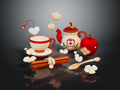 Charming Teacup with Apple Shaped Teapot Cinnamon Sticks Spoon and Flower Petals Heart Thumbs Up Icons 3d model
