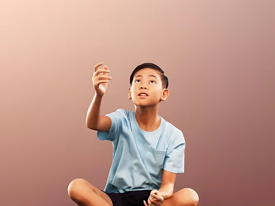 Man Sitting On Floor In Light Blue T-Shirt Raising Right Hand Against Brown Background 3d model