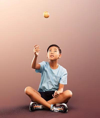Man Sitting On Floor In Light Blue T-Shirt Raising Right Hand Against Brown Background 3d model