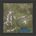 Mountainous Terrain 3D Model With Snowy Peaks Green Vegetation River And Blue Lake